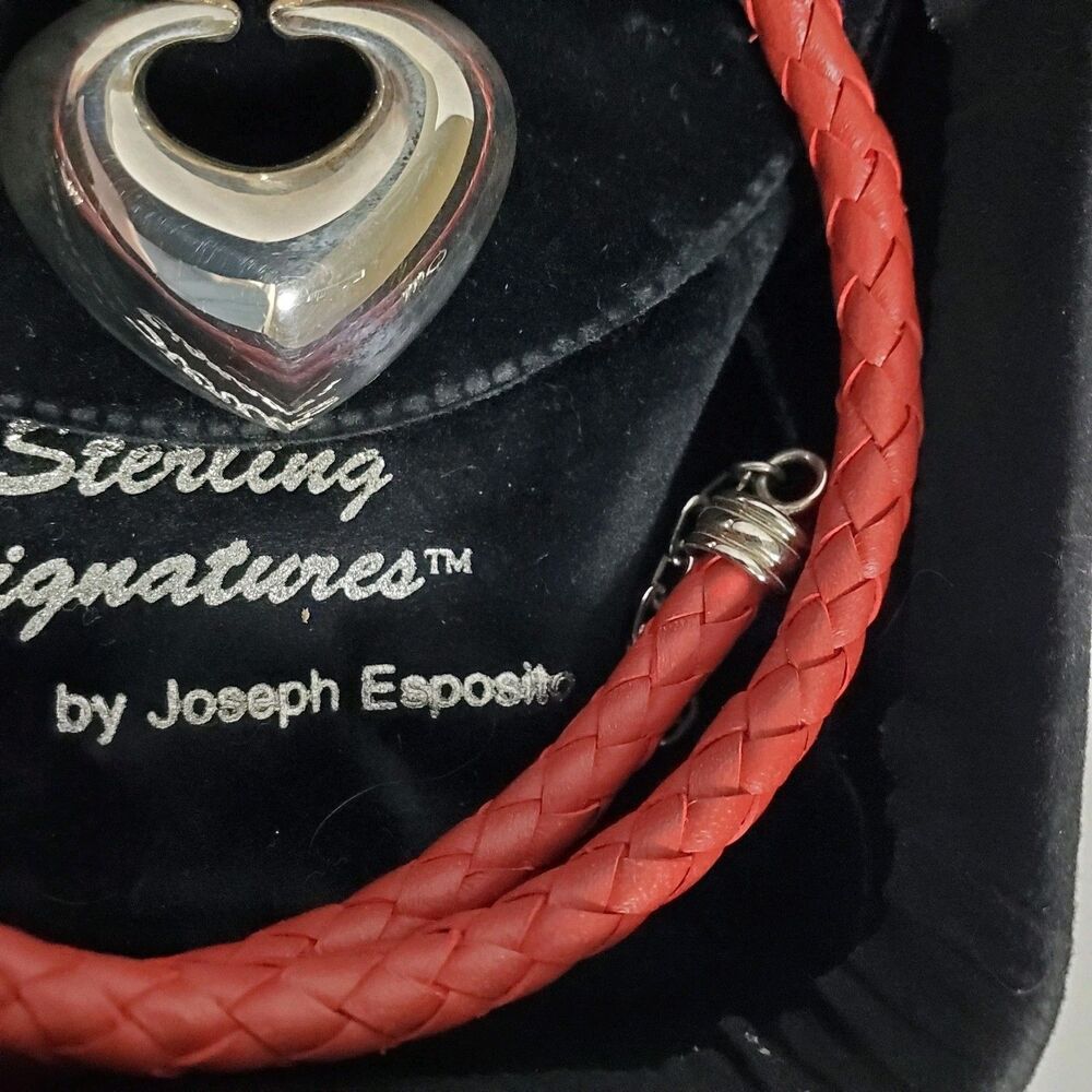 Joseph Esposito 925 Sterling Silver Heart Pendant Red Braided Leather Necklace - Picture 4 of 6